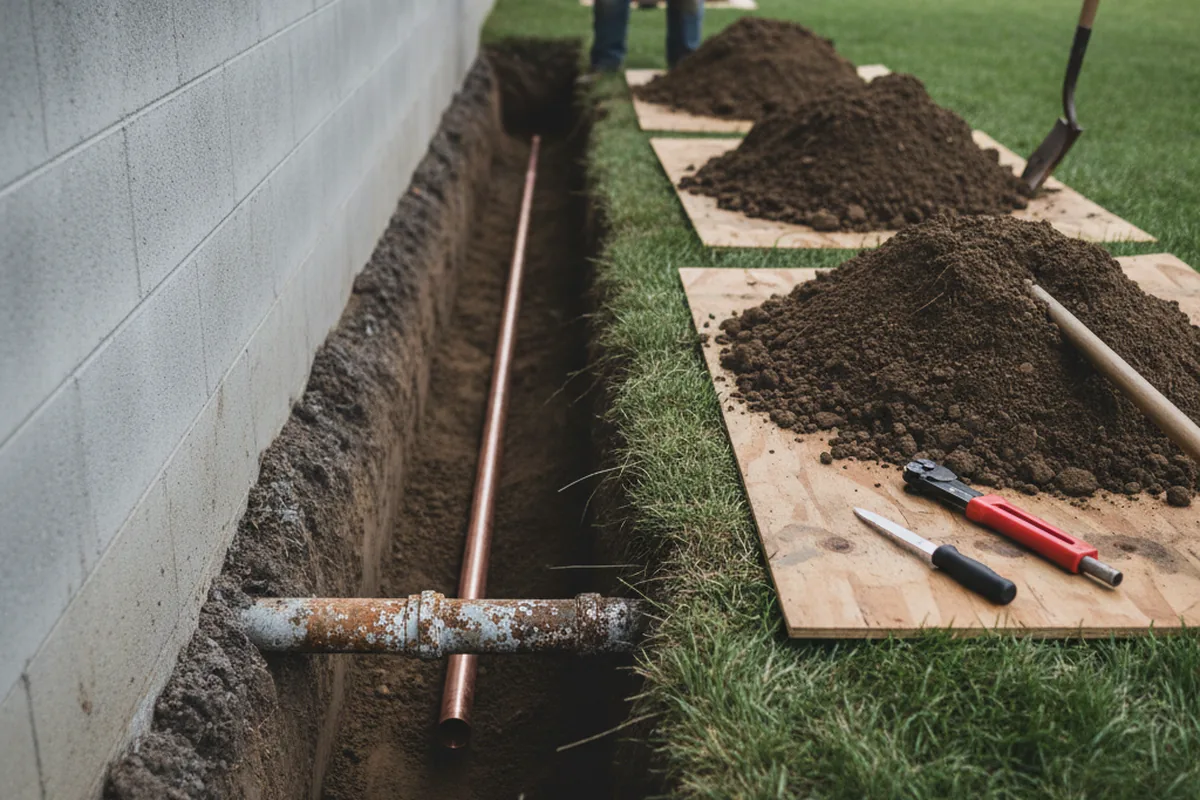 Excavated water line trench during Water Heater Repair in Glastonbury